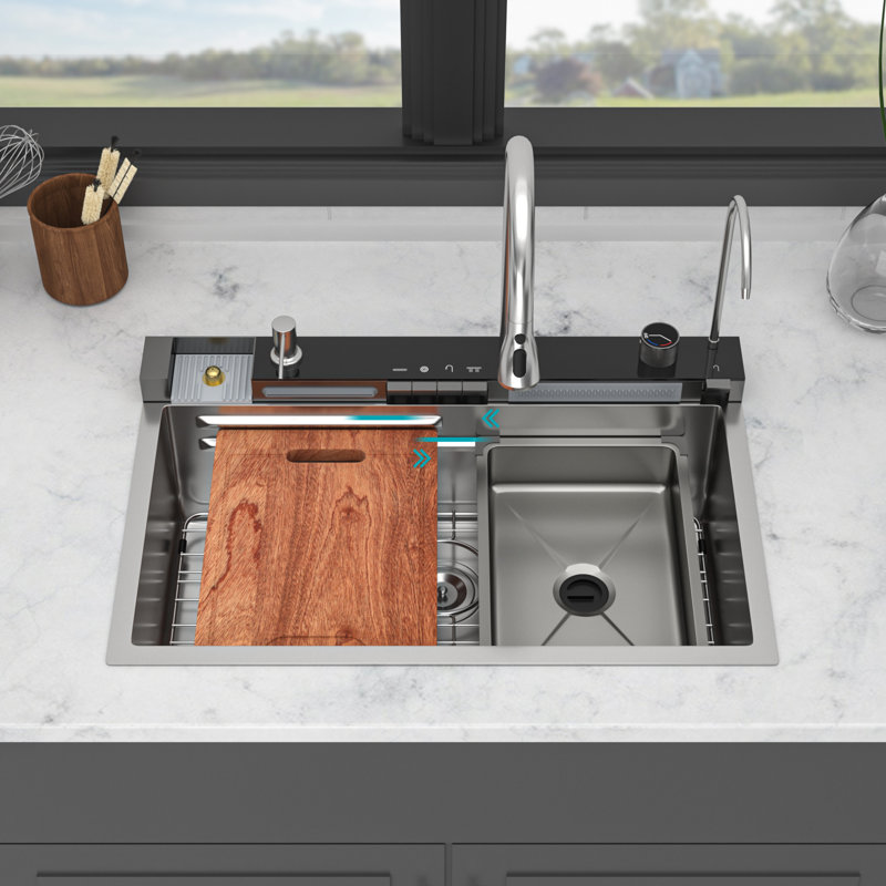 Évier de cuisine 30 "à simple cuve 30" en acier inoxydable avec robinet à cascade et rebord 30 "| Gift Idea