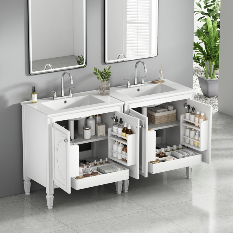 Ensemble de meuble-lavabo double 60 po - Céramique et panneau de fibres à densité moyenne, Argent argent, Blanc