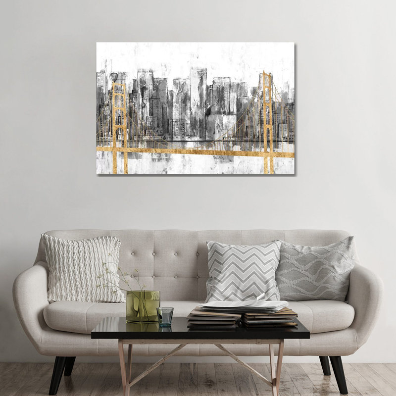 « Golden Bridge panorama » par Jennifer Goldberger-impression, H 32 po x l 48 po x 1,5 po, Toile tendue