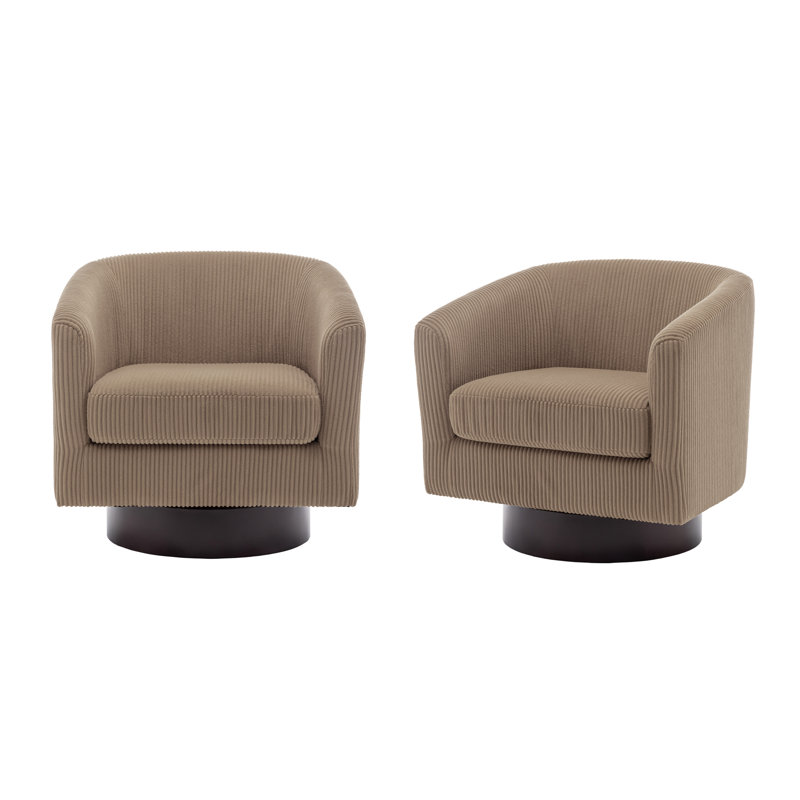 Fauteuil pivotant Frankie en velours côtelé camel avec base en bois massif, Velours côtelé chameau