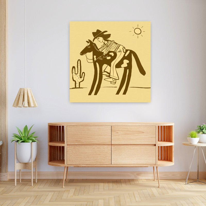 Cowgirl western riding horse 1 Piece Wrapped Canvas Wall Art, 91.44 cm H x 91.44 cm W, Yellow/Brown