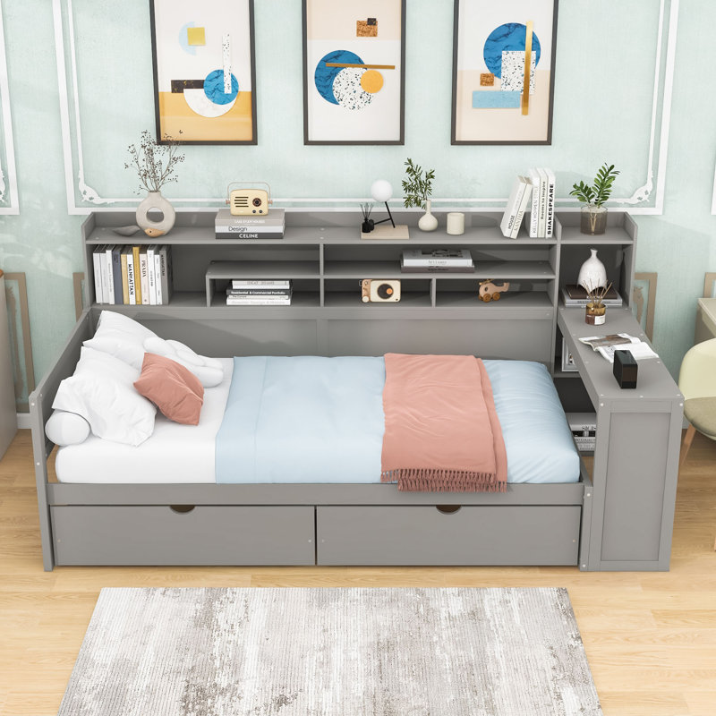 Wooden Daybed with Study Desk and Storage Shelves, Twin