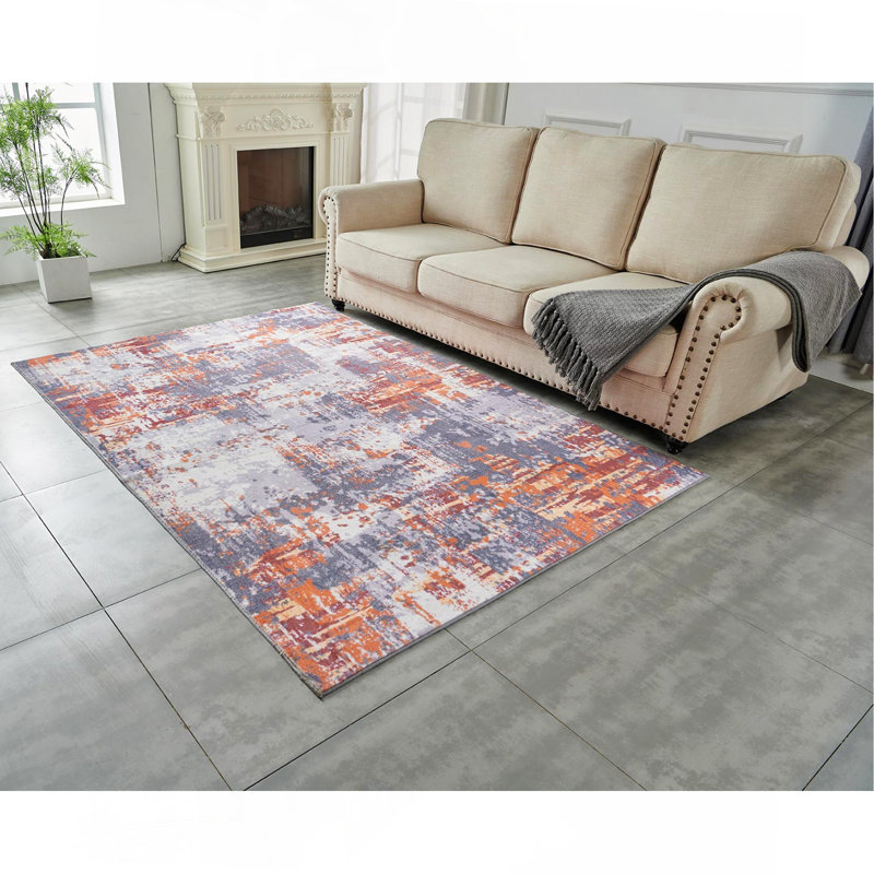 Tapis gris et rouille à motif abstrait lavable à la machine, Rectangulaire 2 pi x 3 pi