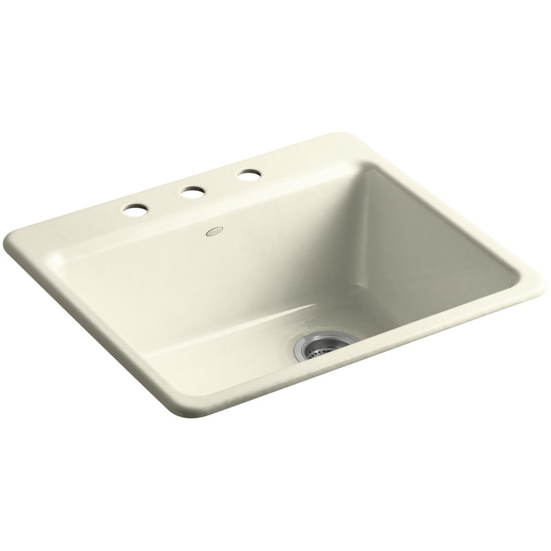 Riverby® 25" L x 22" W x 9-5 8" Bar Kitchen Sink with Basin Rack, 3 holes, Biscuit