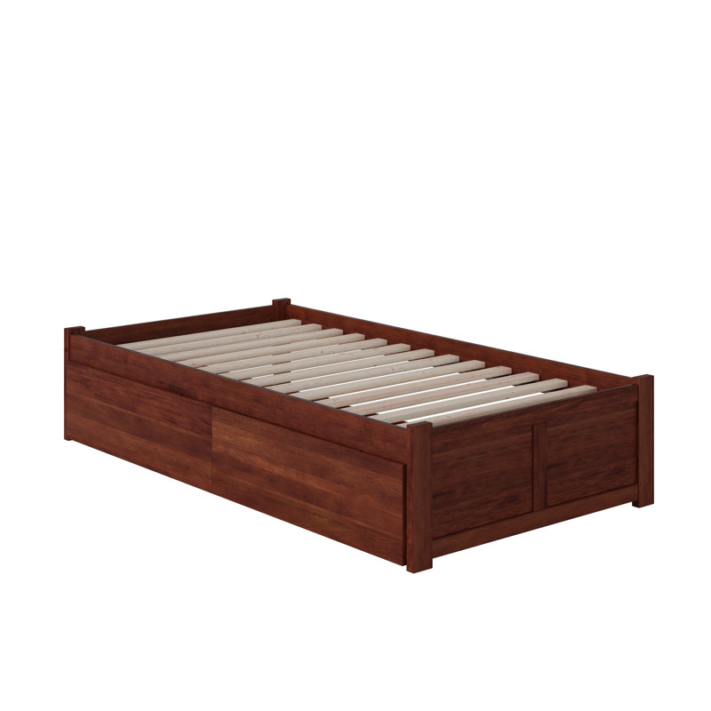 Lit plateforme de rangement avec pied de lit en bois massif et tiroirs sous le lit Concorde, Noyer, Lit simple