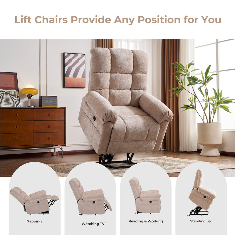 Oversized Power Lift Recliner Chair with Massage and Heat for Elderly, 26" Extra Wide Lift Chair for Big and Tall, Chenille Electric Lift Recliner with Overstuffed Backrest, USB Port