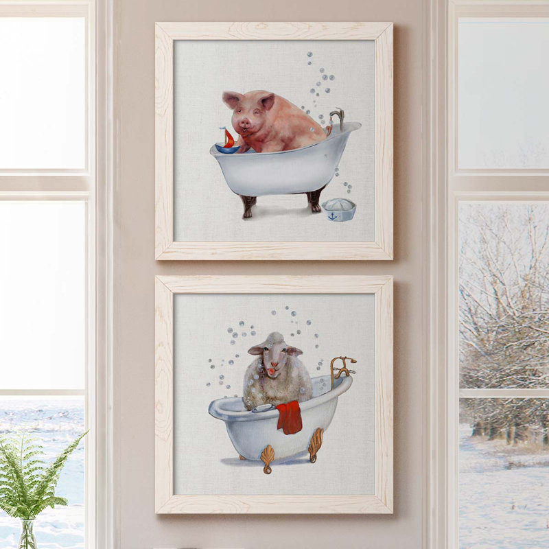 «Farm Tub Pig», ensemble de 2 peintures sur toile encadrées, Cadre blanc, H 20 po x l 40 po x P 1,5 po