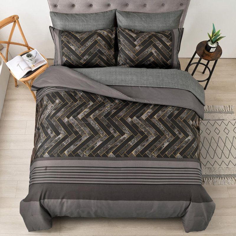 7-Piece Stripe Geometric Comforter Set, Soft Microfiber All-Season Complete Bedding Set, Blue