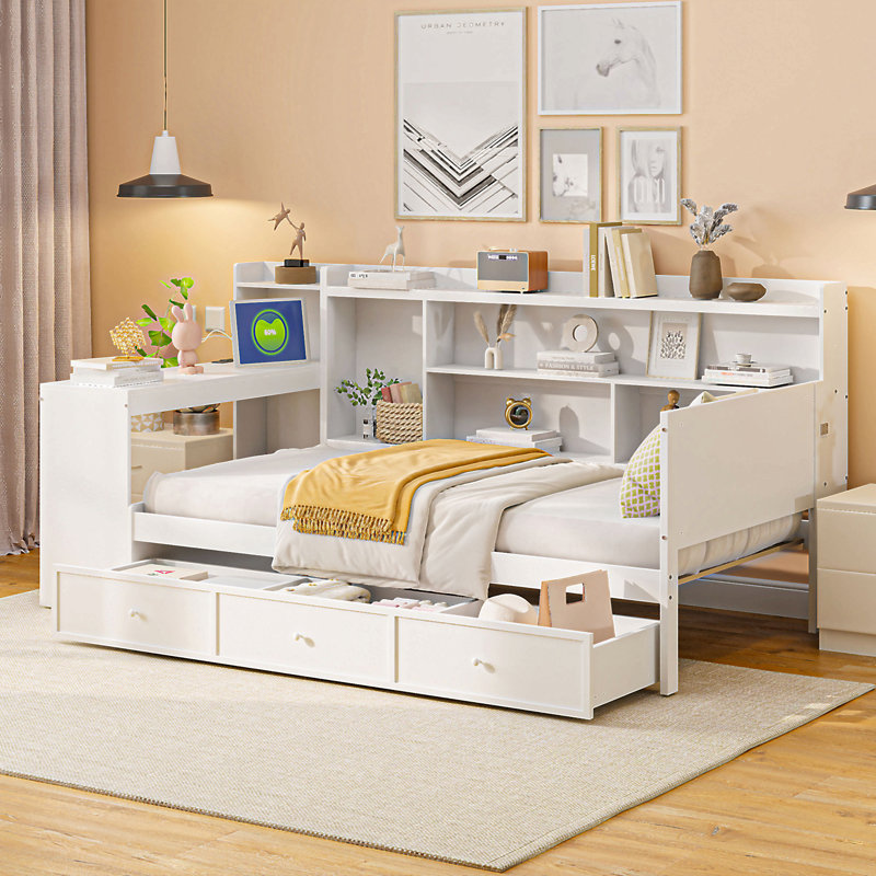 Lit de jour en bois avec 3 tiroirs, ports USB et bureau, Lit simple, Blanc