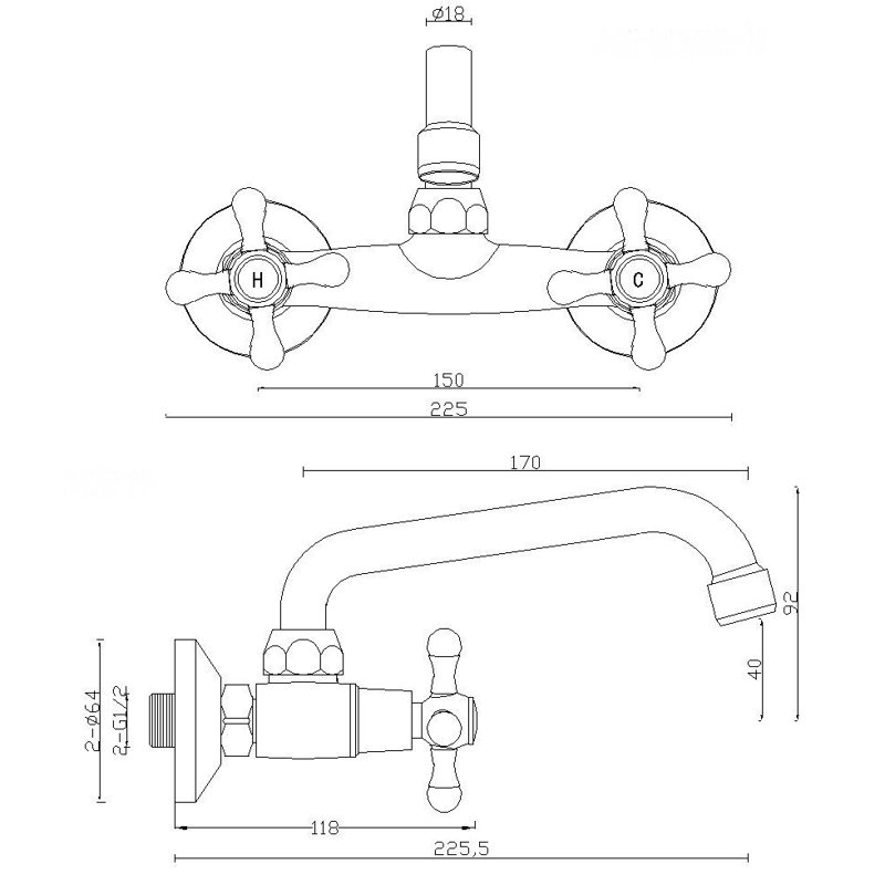 Brannan 2 Handle Wall Bath Filler