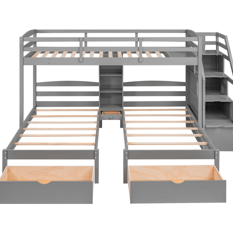 Lit superposé triple gris avec options d'économie d'espace - Maximisez l'espace de votre chambre à coucher avec tiroirs simples et escalier