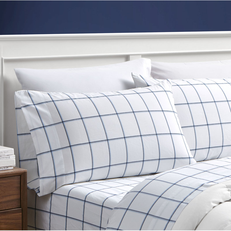 Ensemble de draps en percale de coton 200 fils Bradford, Ensemble de draps pour lit simple avec 1 taie d'or, Bleu intrigue