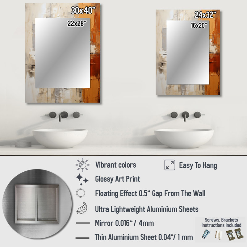 Gris, jaune, orange, impressions - abstrait, collage mural, miroir décoratif gris, impression d'art en métal, 32 po x 24 po