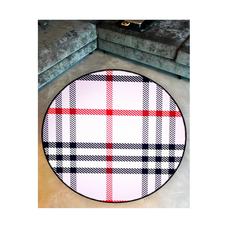 Black And Red Plaid Patterned Woven Base Decorative Carpet, Round 2'8"