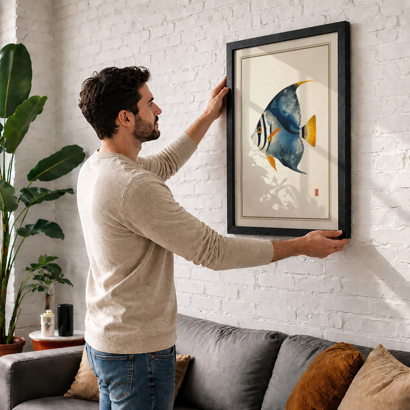 Blue Fish with Gold Japandi - Framed Print, A3 - 42.0 x 29.7 cm, Walnut
