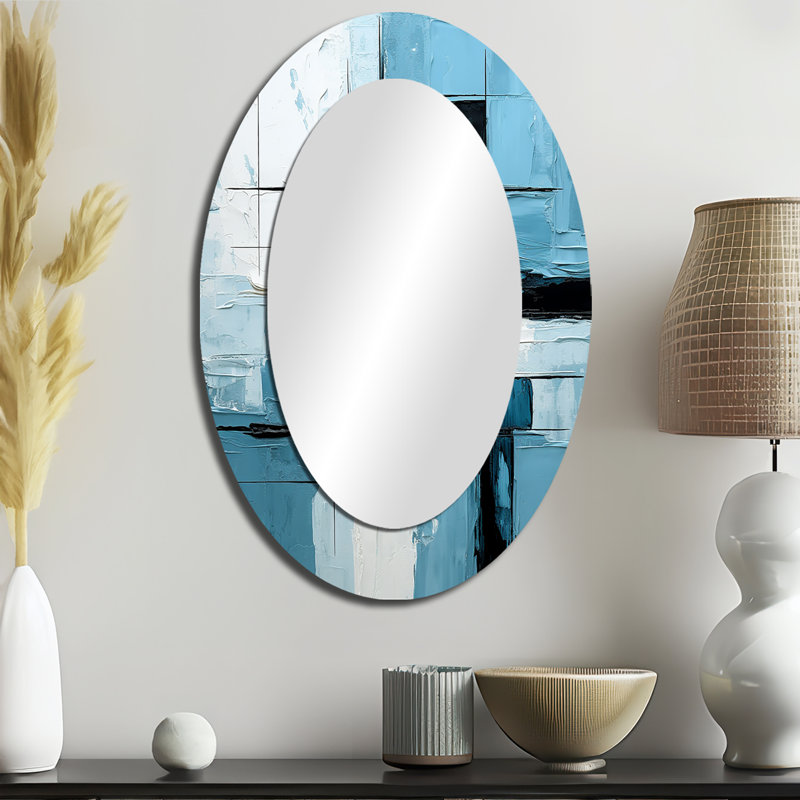Cubique bleu et blanc Windows To The Ocean - Miroir mural moderne bleu ovale, 36 po x 24 po