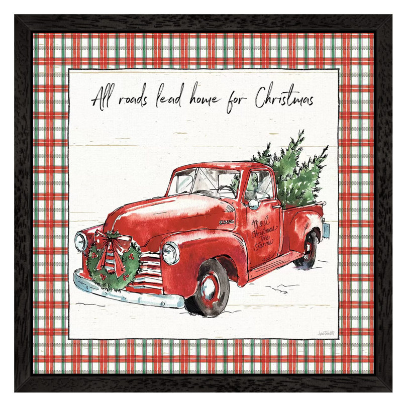 Holiday On The Farm VI - Plaid by Anne Tavoletti - Painting on Canvas, 45.72 cm H x 45.72 cm W, Black Floater Framed