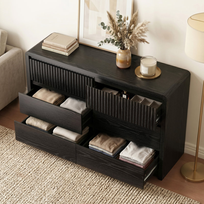 Mountford 49.6" W 6 Double Drawer Dresser, Bedroom Dresser chest of Drawe,Black, Black