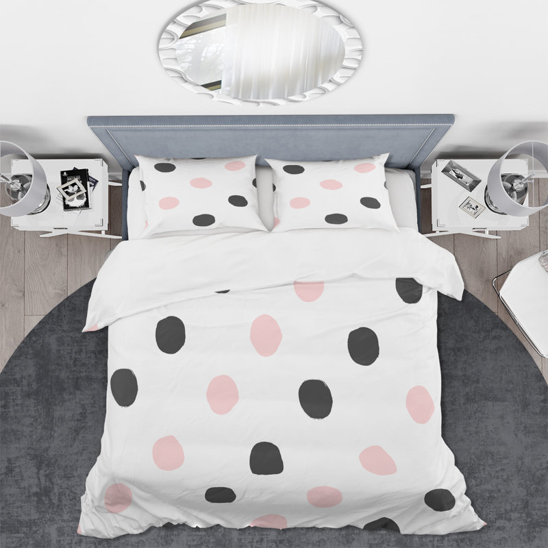 Rose et noir à pois - ensemble de housse de couette moderne - microfibre de polyester
