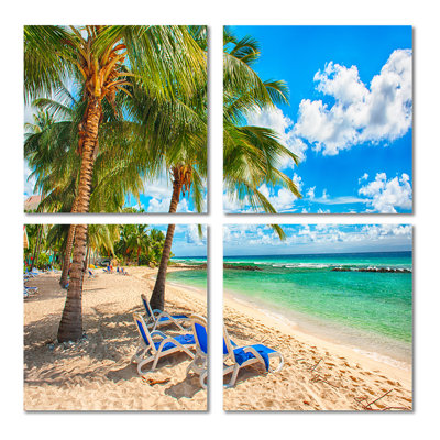 Blue Chairs At The Tropical White Sand Beach - Sea & Shore Canvas Wall Art Print 4 Piece Set -  Rosecliff Heights, 98B9F9155BBE4E8AA2F201C279780172