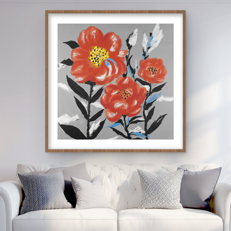 Fleurs roses avec feuilles bleues - reproduction encadrée grise pour la décoration