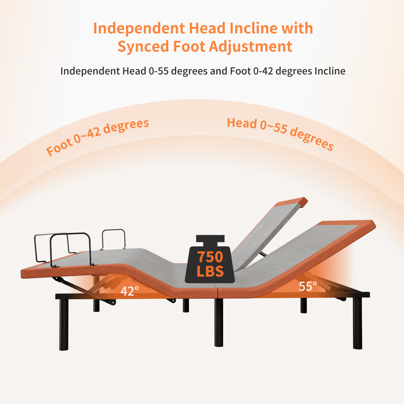 Split Top King Adjustable Bed Frame With 14'' Medium Plush Memory Foam Mattress, USB & Type C Ports, Massaging, Wireless Remote, E3000 Sunset Orange