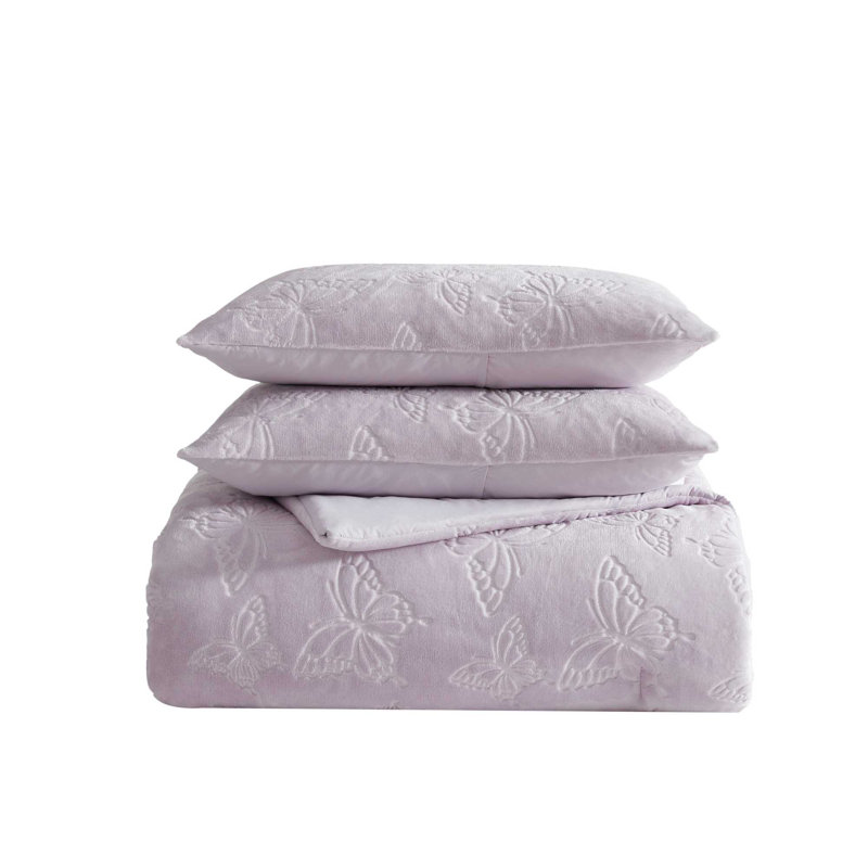 Betsey Johnson Butterfly Embossed Plush Purple Comforter Set, Queen Comforter + 2 Standard Shams