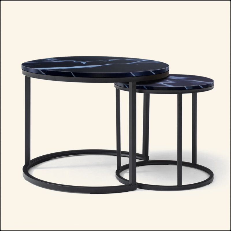 Set 2 Coffee Table Nesting Circular Round And Marble Pattern Wooden Tables, Living Room Bedroom Apartment Modern Industrial Simple Nightstand
