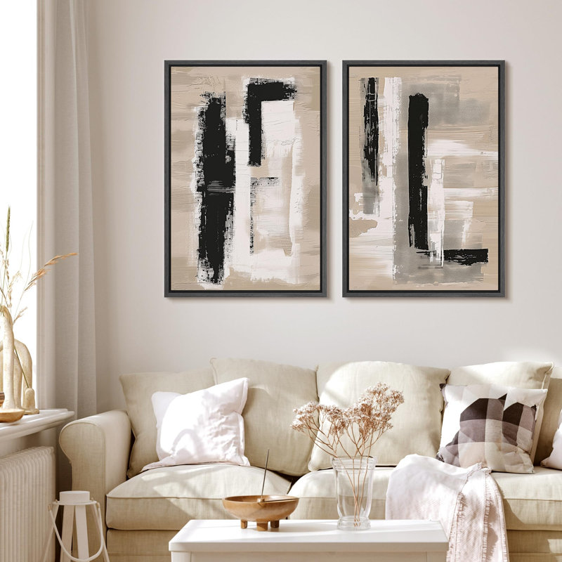 «Monochromatique Textures Contemporary Abstract», 2 pièces sur toile, Cadre noir, H 36 po x l 24 po