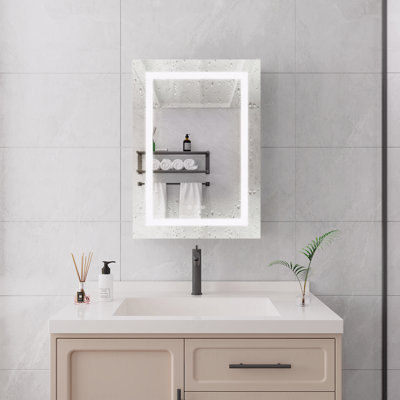 Armoire à pharmacie de salle de bain murale 20 po x 28 po avec miroir et lumières à DEL murales, antibuée, imperméable, à intensité variable, 3000 K ~ 6000 K, porte simple, interrupteur tactile, tablettes de rangement