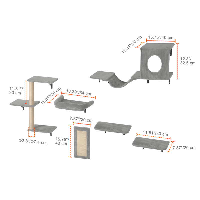 Ensemble de 6 tablettes murales pour chat avec tablettes de saut et support pour hamac