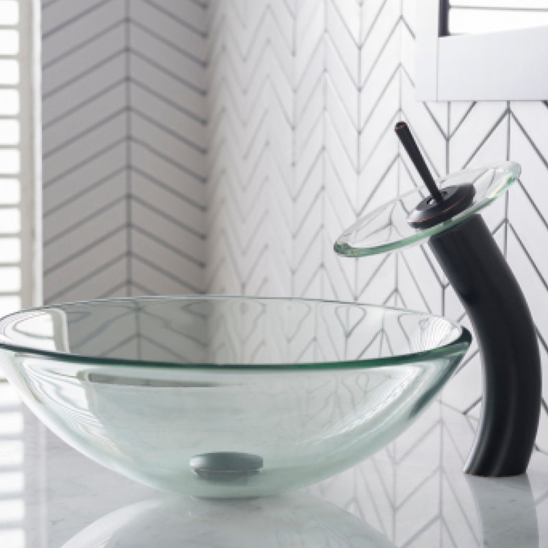 Clear Glass Circular Vessel Bathroom Sink with Faucet, Oil Rubbed Bronze