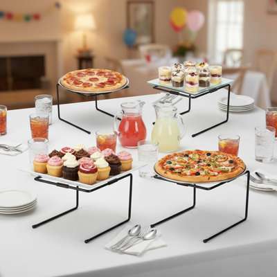 4 Pack Black Metal Pizza Stand Tabletop Food Display Tray Riser Rack