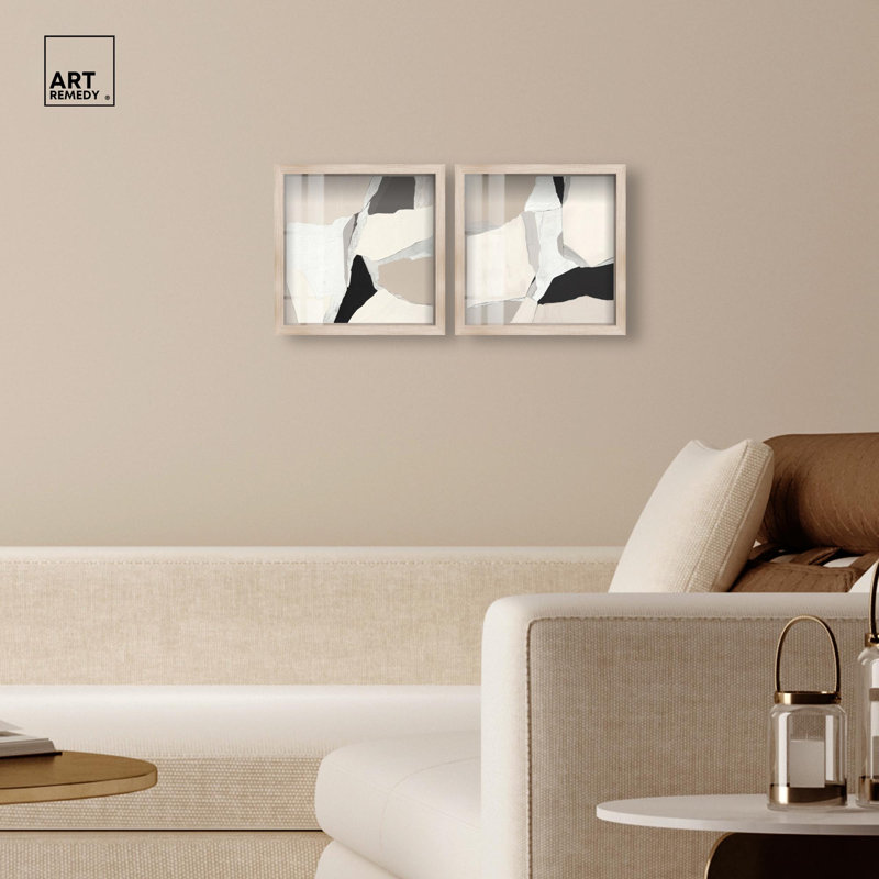 Ensemble de décorations murales neutres en pierre, ensemble encadré Shadowbox par Art Remedy, cadre blond, 12 x 12