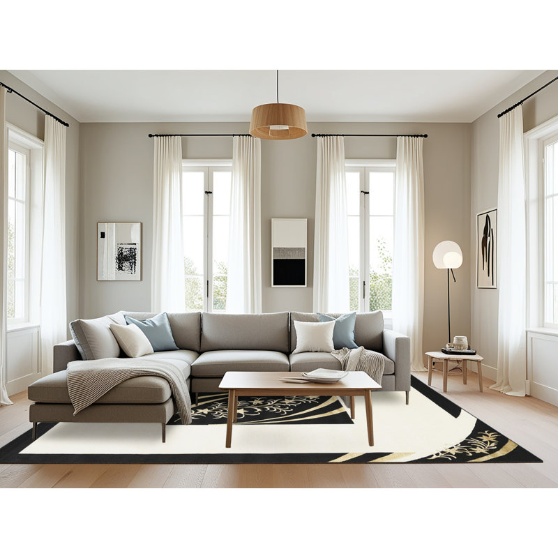 Tapis de zone noir/crème contemporaine, Rectangle 8 pi x 12 pi