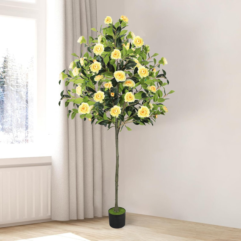 Ensemble de camélias artificiels - jaune, H 7,48 po x l 6,3 po x P 70,87 po