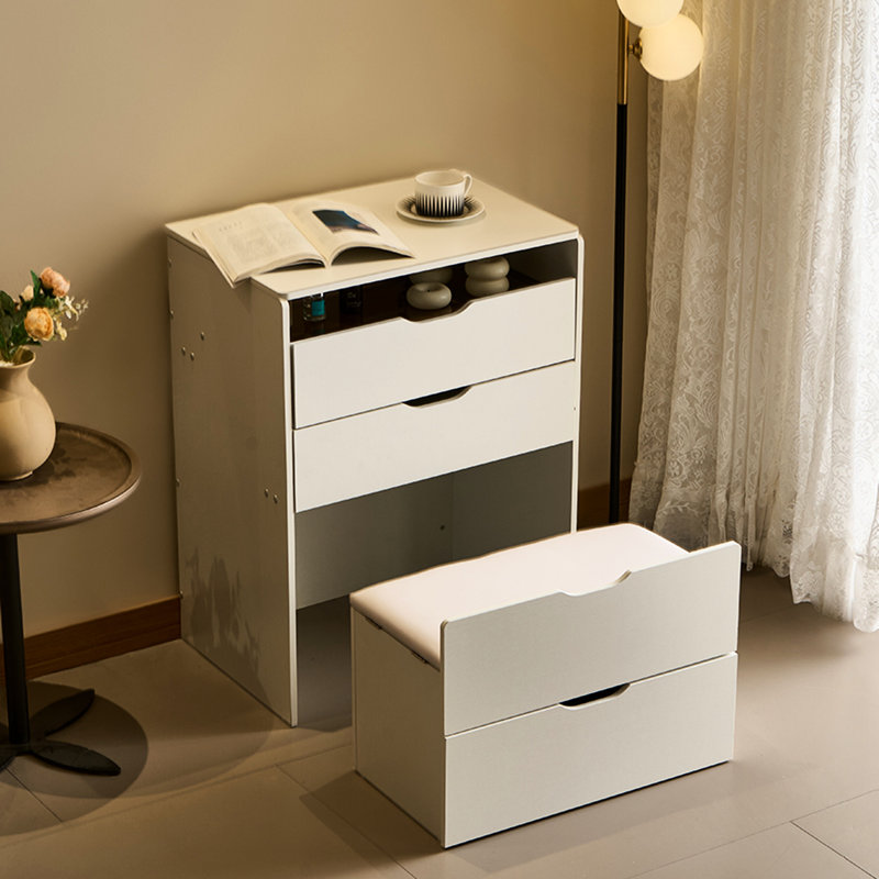 31 petits bureaux de meuble-lavabo avec 3 tiroirs, banc de rangement, miroir d'éclairage 3 couleurs et plateau de table en verre visible, convenant à la chambre à coucher, miroir de chambre blanc + verre, banc