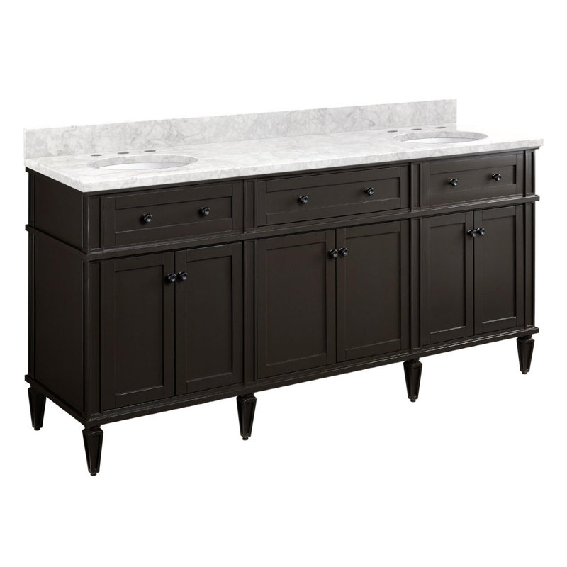 72" Elmdale Double Vanity for Rectangular Undermount Sinks, Charcoal Black, Carrara Marble, Black