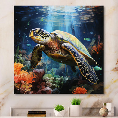 Green Blue Marine Animals Turtle Encounter VII - Marine Animals Wall Art