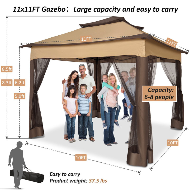 Outdoor Patio Gazebo with Ventilated Double Roof and Mosquito Net,, Grey