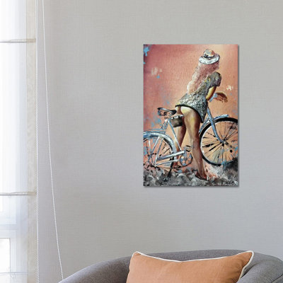 Woman with Her Hat and Her Bike 1 Piece Painting on Canvas