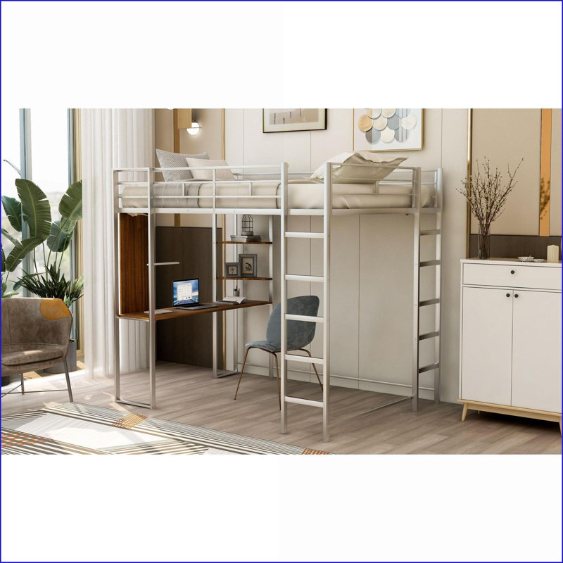 Lit mezzanine double en métal avec bureau 2 tablettes - Conception argent compacte pour les petites pièces, Argent argent