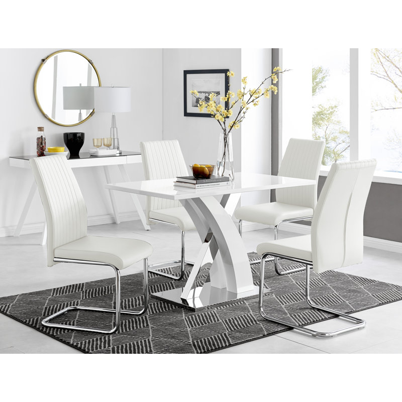 Edzard Chrome & White High Gloss Dining Table Set with 4 Luxury Faux Leather Dining Chairs, White