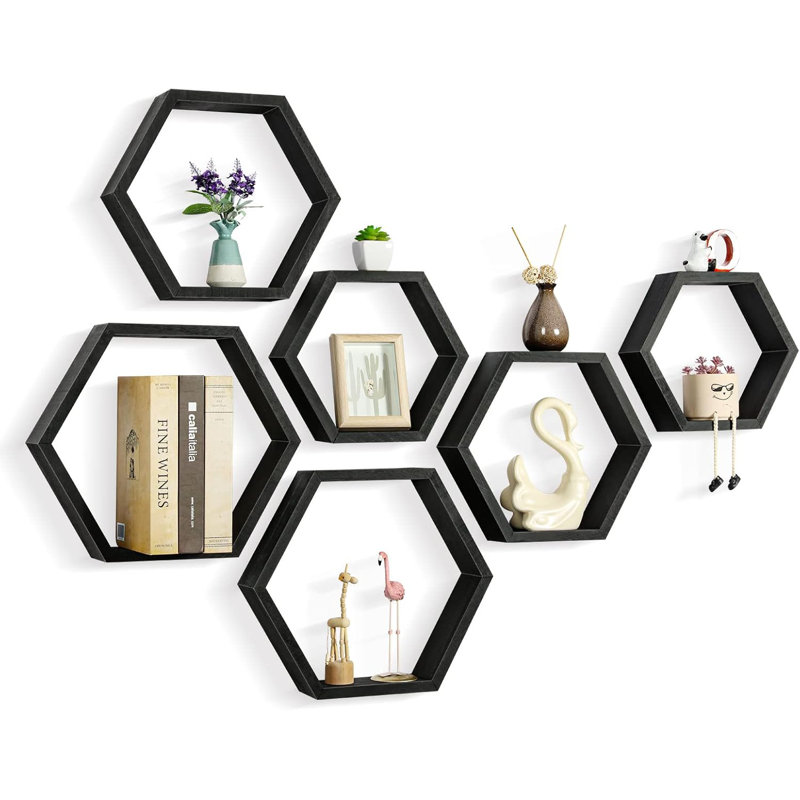 Hexagon Floating Shelves Set Of 6 - Wooden Honeycomb Wall Shelves For Home Decor, Farmhouse Style Storage Shelves, Modern Hexagonal Floating Shelves For Living Room, Bedroom, Office