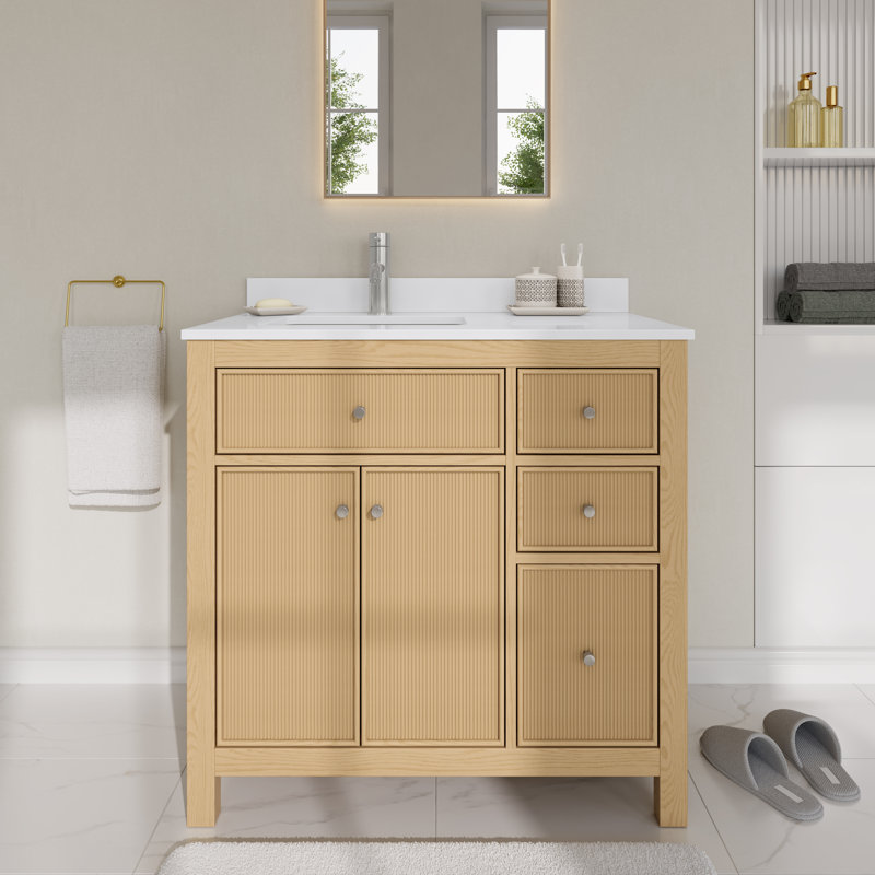 Pendry 36" Freestanding Single Bathroom Vanity with Quartz Top, Brushed Nickel, White Quartz, Tanned Oak