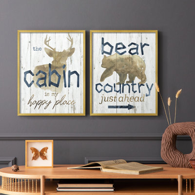 Happy Place Cabin - reproduction encadrée de qualité supérieure - prête à être accrochée - aucun clou requis - aucun clou requis