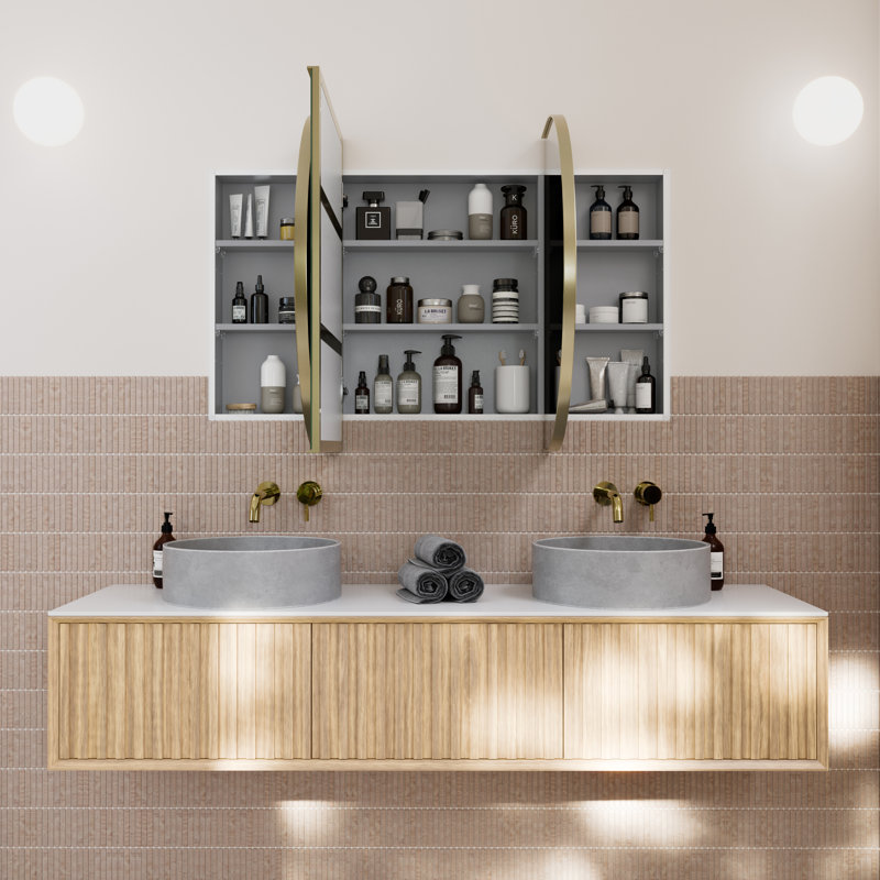 Recessed Framed 2 of Doors Medicine Cabinet with Adjustable Shelves, Satin Brass