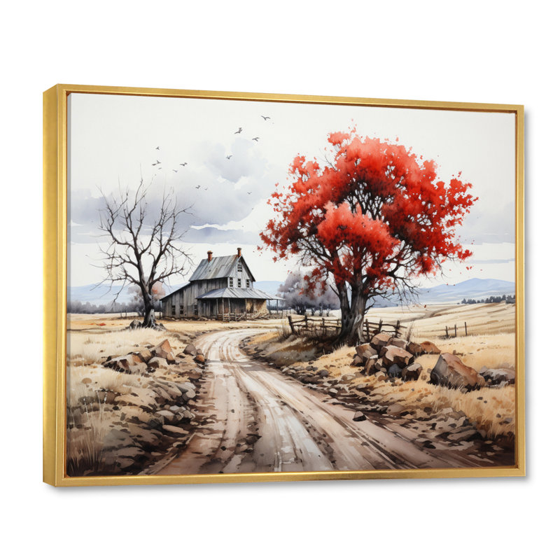 «Country Road The Path Ahead» sur impression sur toile, Cadre flottant doré, H 16 po x l 32 po x P 1 po