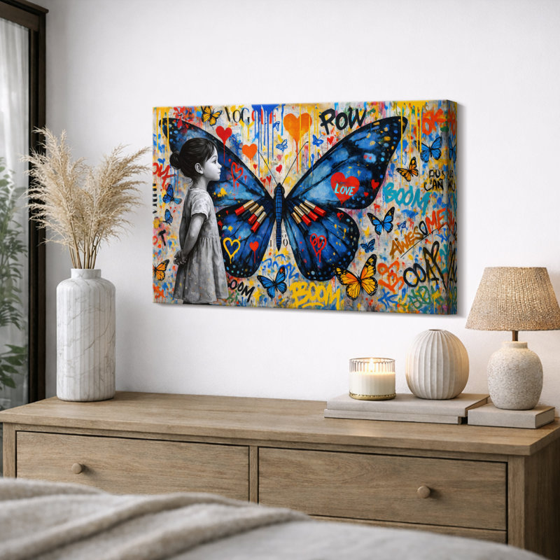 Papillon, graffiti, art urbain, impression sur toile encadrée, Toile tendue, H 12 po x l 18 po x P 1,5 po