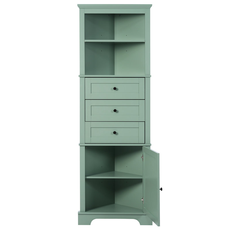 Green Triangle Tall Cabinet With 3 Drawers And Adjustable Shelves For Bathroom, Kitchen Or Living Room, MDF Board With Painted Finish